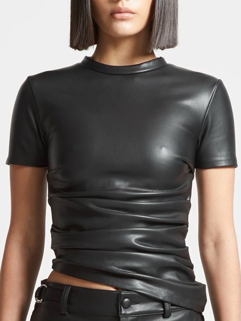 Black Shiny Faux Leather Like Vintage Short Sleeve Top - unisex